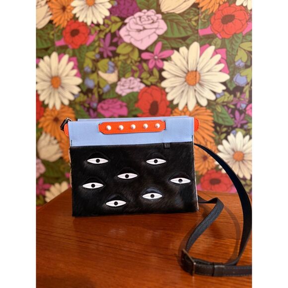 Min & Mon Vali Small Crossbody Handbag All Over Eyes Fur Black / Blue / Orange - Picture 2 of 13